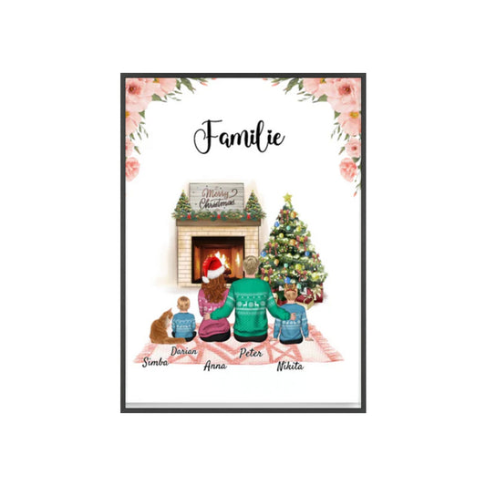 Personalisiertes Poster mit Rahmen - Familie mit 1 - 3 Kindern + 0 - 2 Haustieren (Katzen oder Hunden) - Weinachtsgeschenk für die Familie) - Magnifa