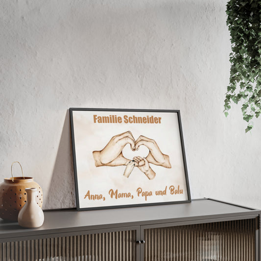 Personalisiertes Poster mit Rahme - Familienglück - Familienhände mit Pfotenabdrücken von Haustieren - Magnifa