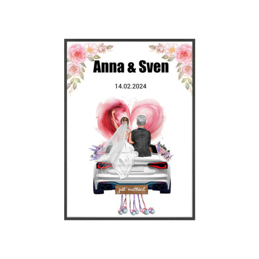 Personalisiertes Poster mit Rahmen - Hochzeitspaar mit Auto - Hochzeitsgeschenk - Magnifa