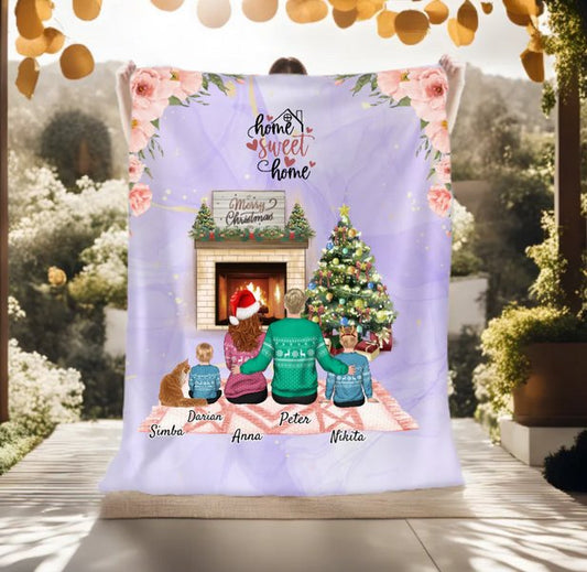 Personalisierte dünne Fleece Decke - Familie mit 1 - 3 Kindern + 0 - 2 Haustieren (Katzen oder Hunden) - Weinachtsgeschenk für die Familie) - Magnifa