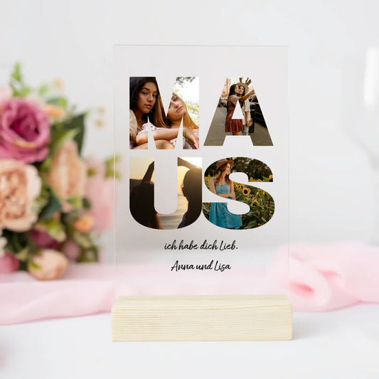 Personalisierte Acrylglasplatte für beste Freundin - MAUS Schriftzug und dein Bilder - Magnifa