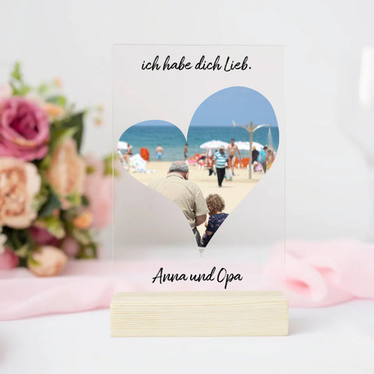 Personalisierte Acrylglasplatte mit eigenem Bild in Herzform, Spruch - Für Opa - Magnifa
