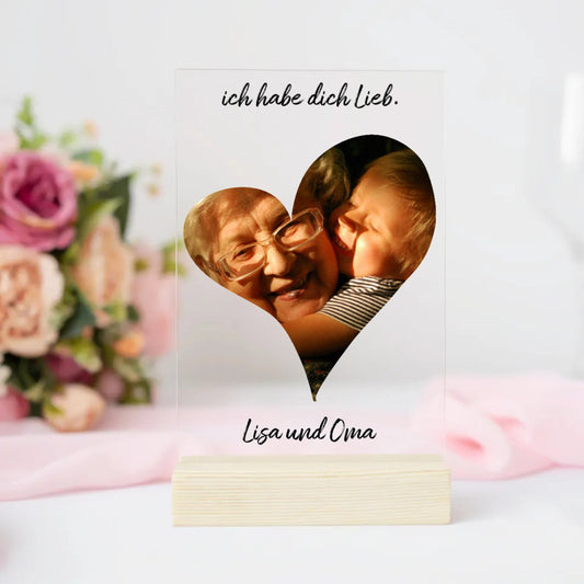 Personalisierte Acrylglasplatte mit eigenem Bild in Herzform, Spruch - Für Oma - Magnifa