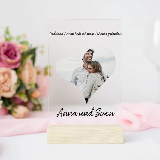 Personalisierte Acrylglasplatte mit eigenem Bild in Herzform, Spruch - Für Pärchen - Magnifa